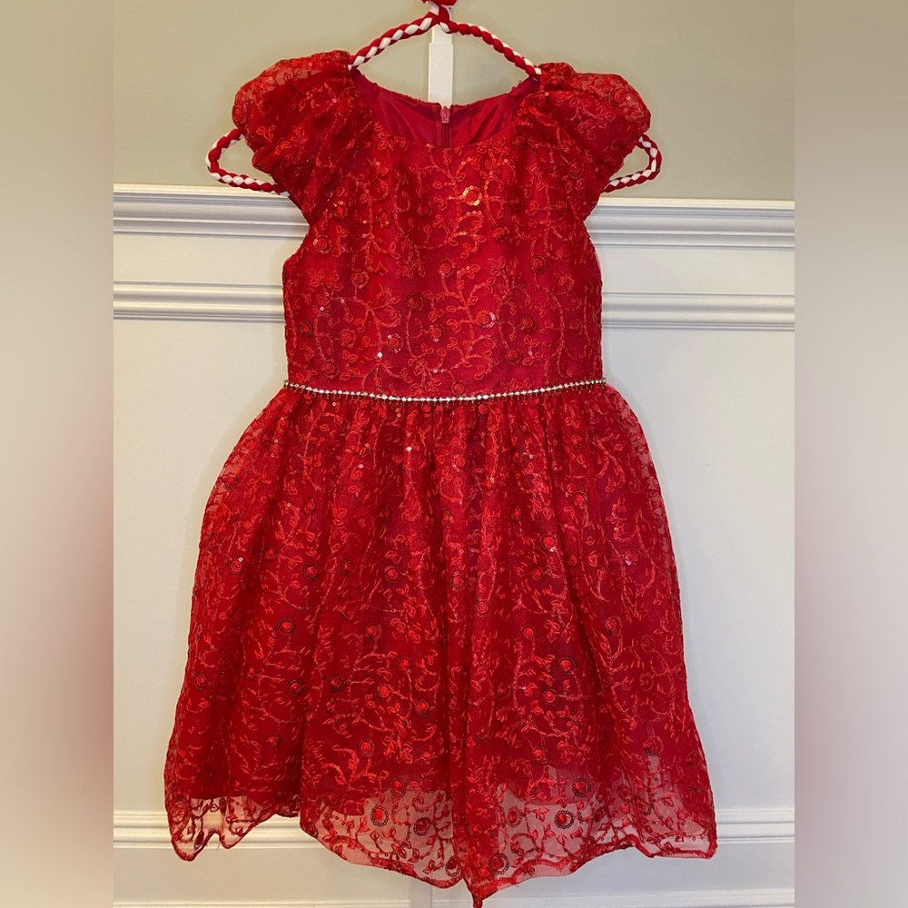 David Charles Scarlet Red Sequin and Embroidered Floral Tulle Pageant Dress.